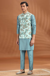 Sea Green Silk Kurta Pajama with Paisley Print Jacket